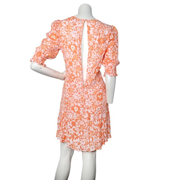 MINKPINK Marli Floral Mini Dress Orange Pink V-Neck Puff Sleeve Keyhole Back - Picture 4 of 16